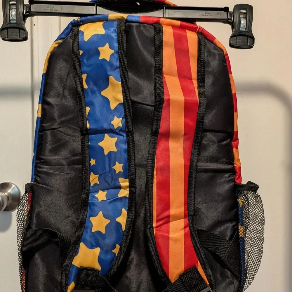 Backpack with red/orange vertical stripes